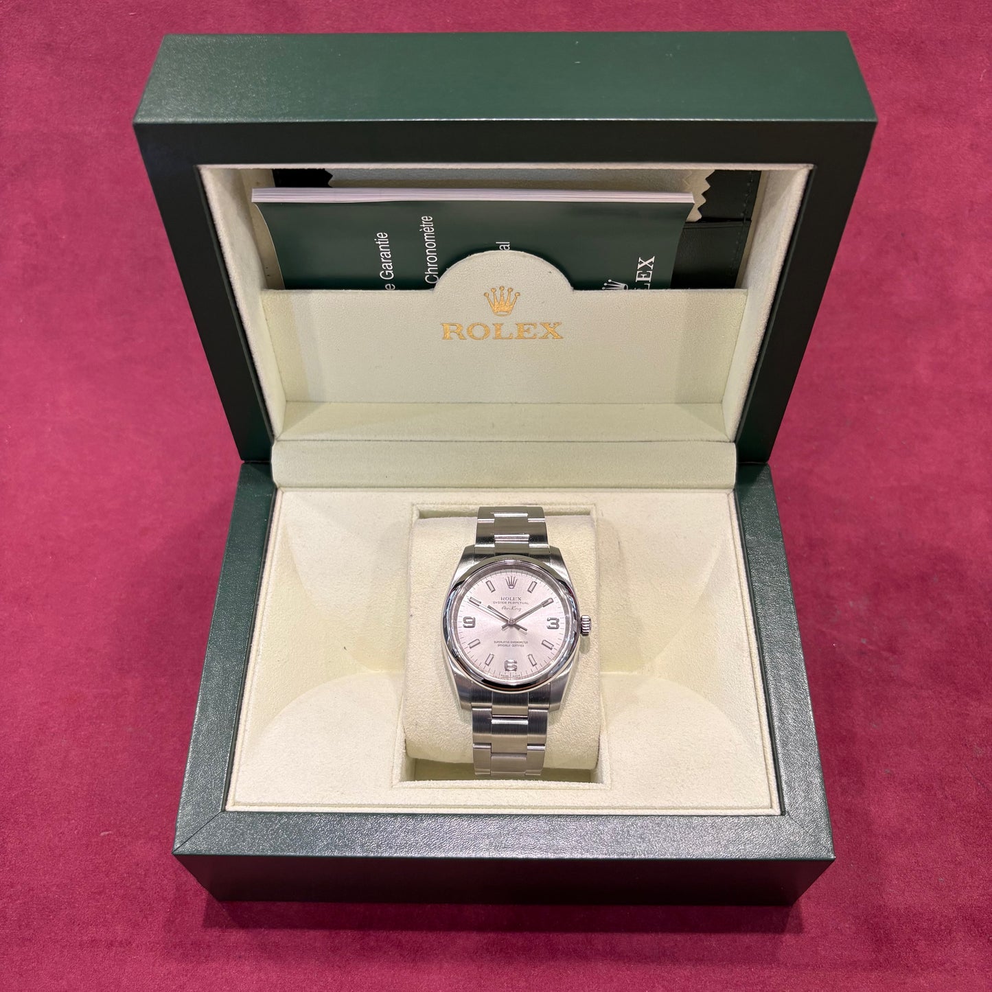 Rolex Air-King 114200 silberfarbenes Zifferblatt mit Sonnenschliff