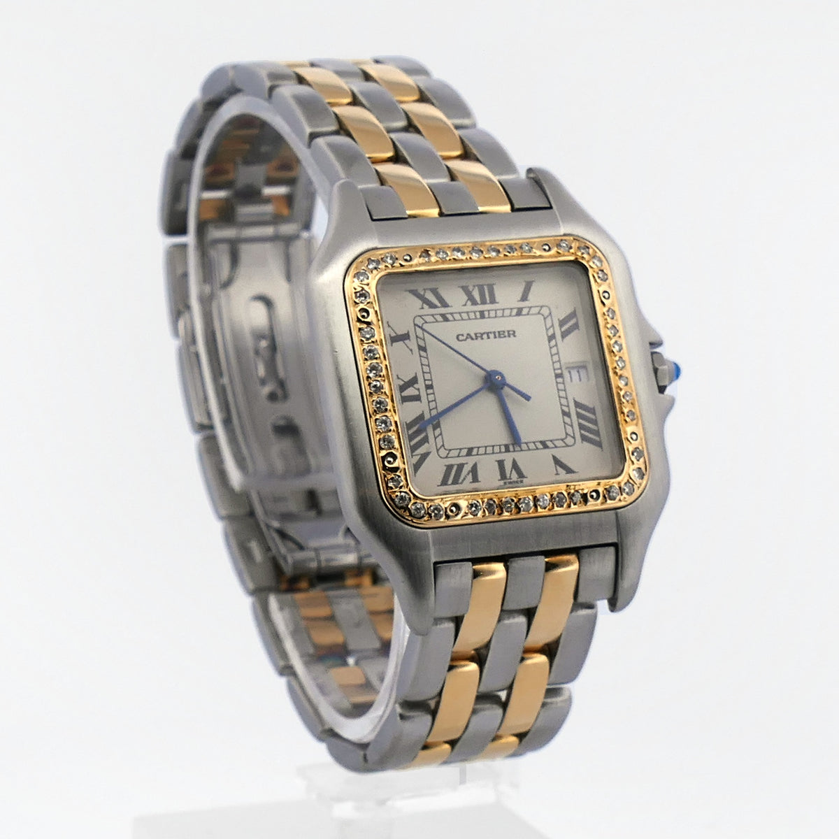 Cartier Panthère Ref. 83957 großes Modell in Stahl und Gold, weißes Zifferblatt mit römischen Ziffern und besetzter Lünette
