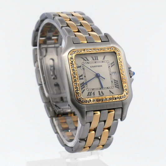 Cartier Panthère Ref. 83957 großes Modell in Stahl und Gold, weißes Zifferblatt mit römischen Ziffern und besetzter Lünette