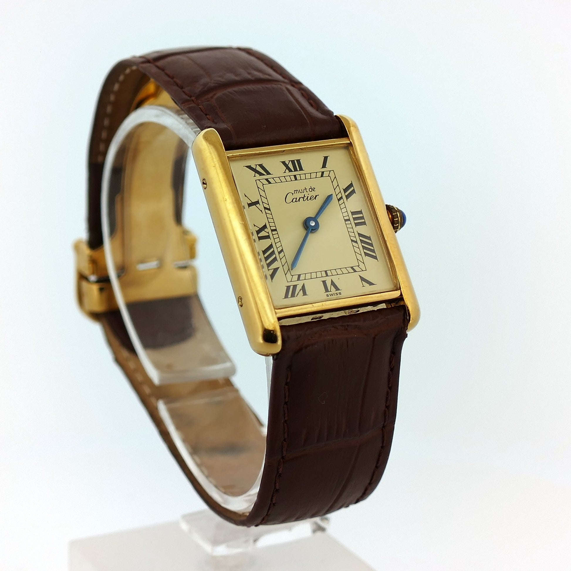 Cartier Tank Must de Cartier Vermeil Referenz 590005 mit braunem Lederarmband bei Juwelier Reinecke Hildesheim