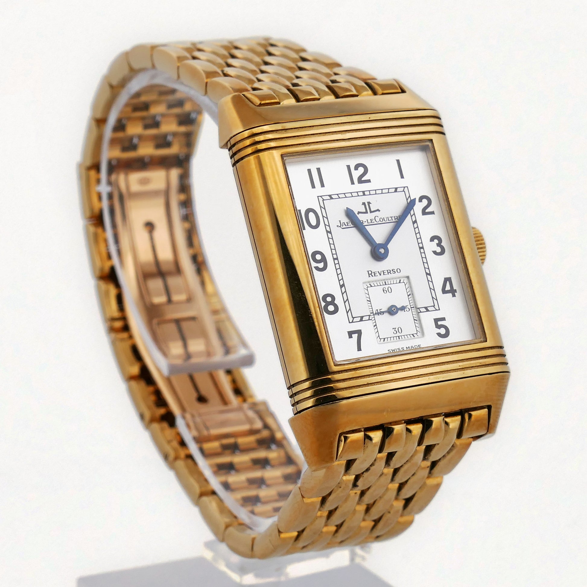 Jaeger-LeCoultre Reverso 270.1.62 in Gelbgold 750 mit weißem Zifferblatt und massivem Goldband, leicht gedrehte Frontansicht