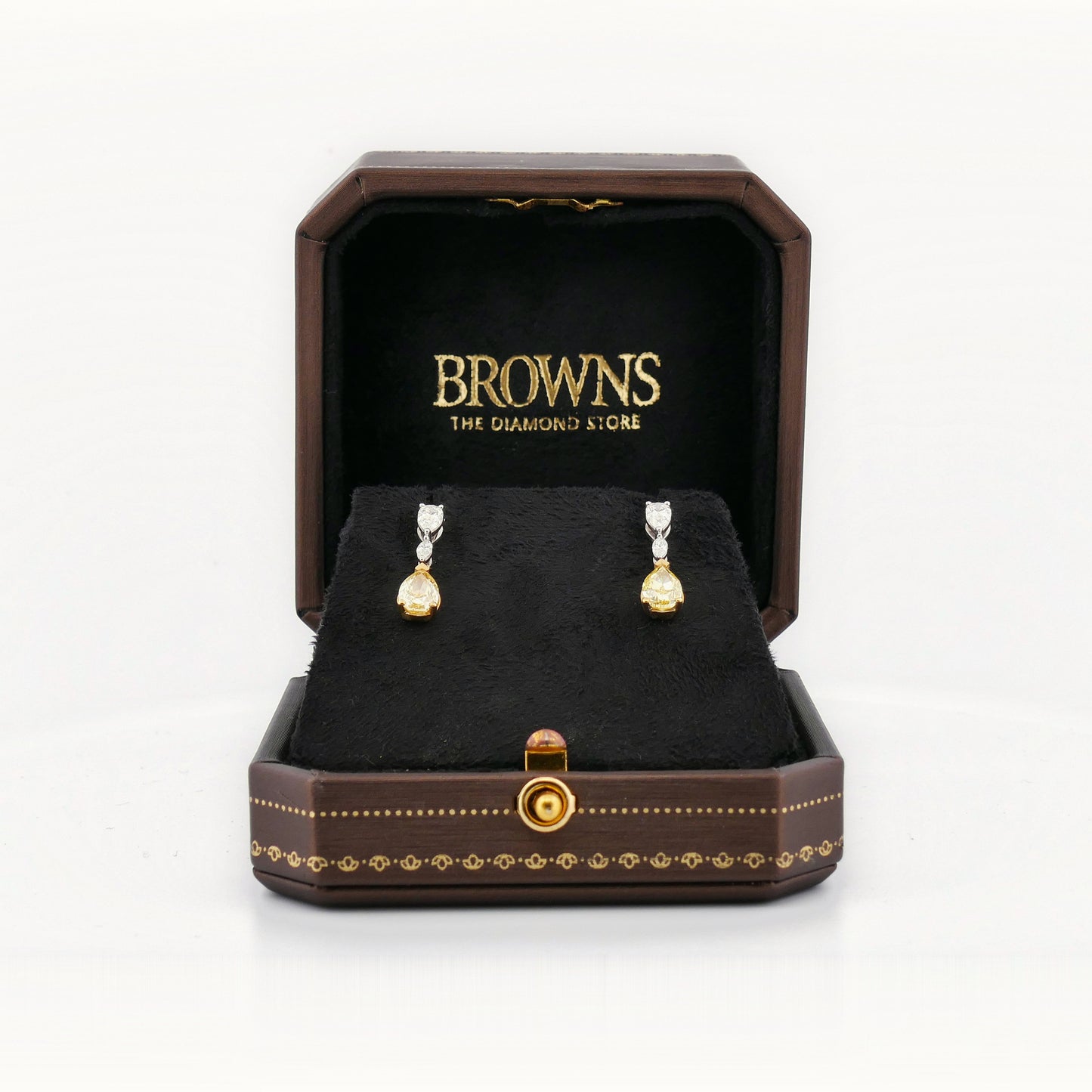 Ohrhänger in 750 Gold mit zwei natürlichen gelben Diamanten im Tropfenschliff, 2,03 ct Fancy Intense Yellow, Juwelier Reinecke Hildesheim