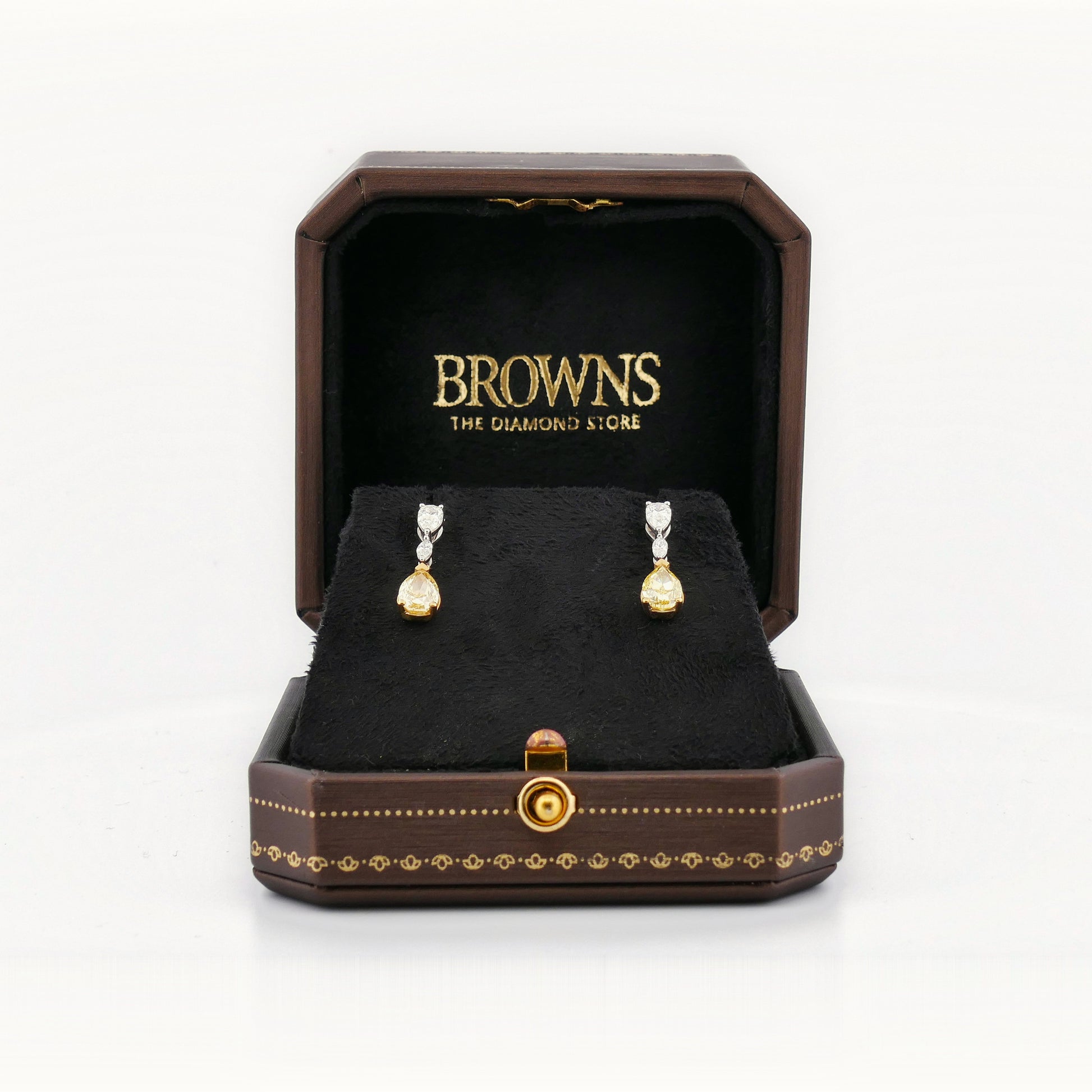 Ohrhänger in 750 Gold mit zwei natürlichen gelben Diamanten im Tropfenschliff, 2,03 ct Fancy Intense Yellow, Juwelier Reinecke Hildesheim