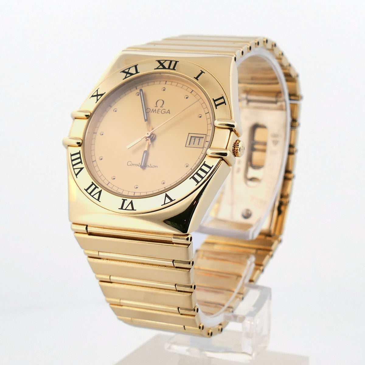 Omega Constellation Vollgold 396.1080 von der Gegenseite mit integriertem Goldarmband