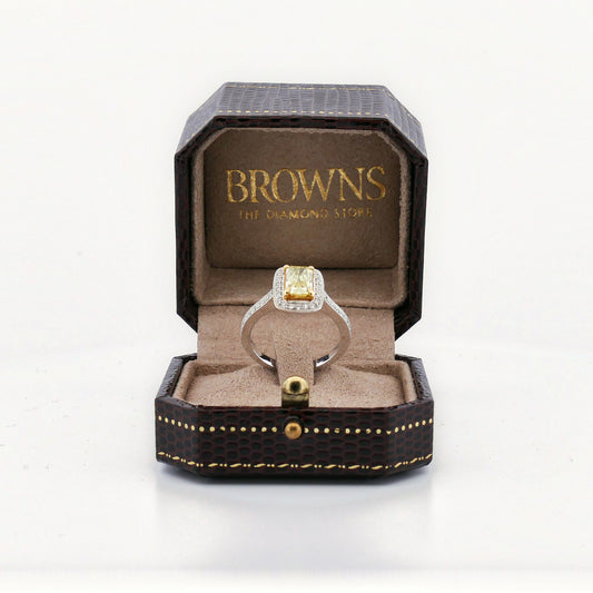 Halo Ring in 750 Gold mit natürlichem gelbem Diamant 1,19 ct Fancy Intense Yellow, Juwelier Reinecke Hildesheim