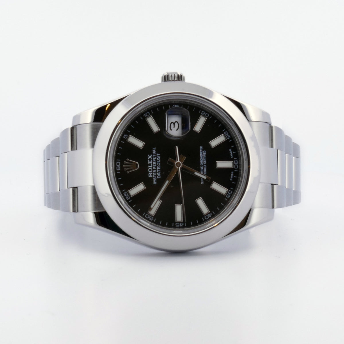 Rolex Datejust II 116300 liegend, schwarzes Zifferblatt und Datumsfenster im Detail