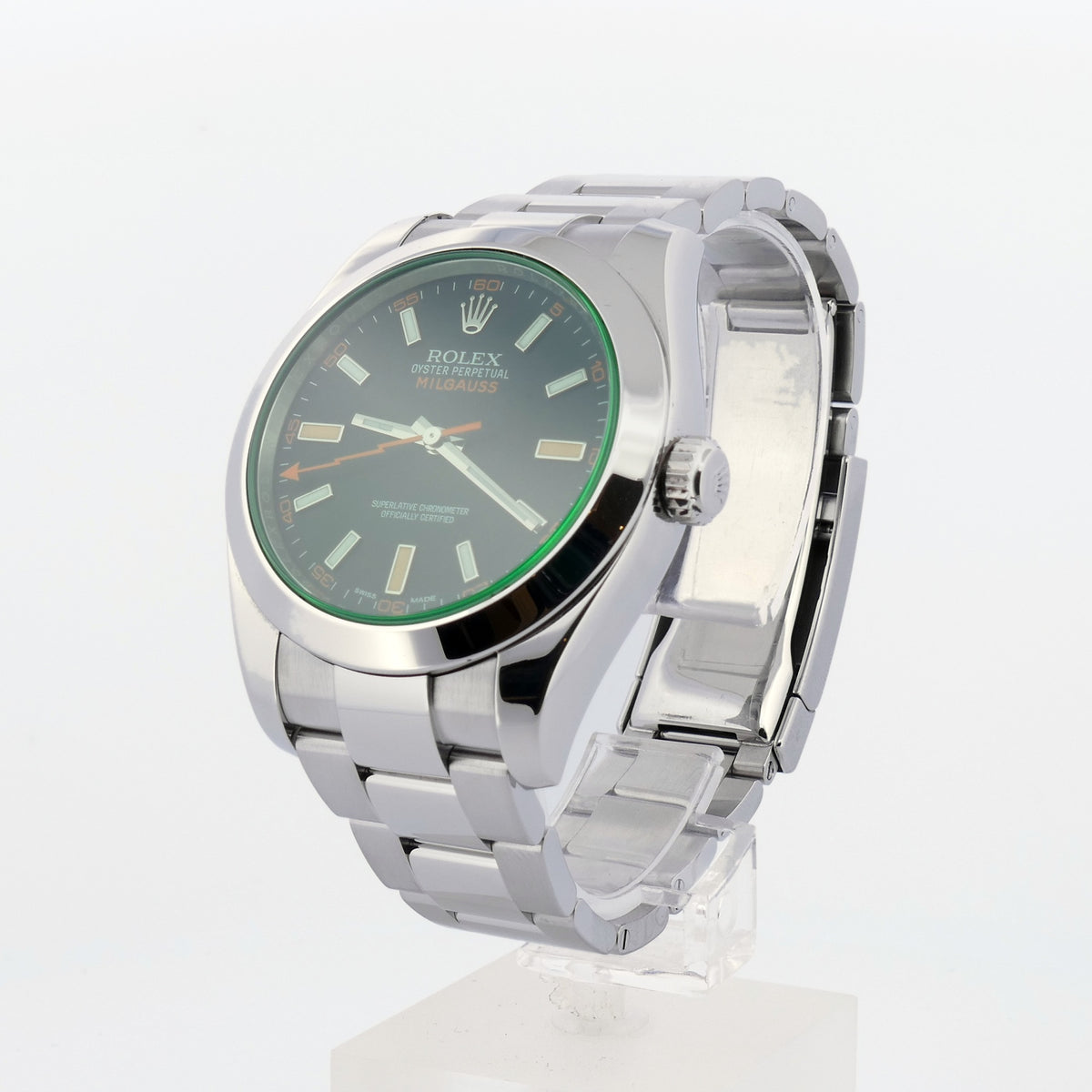 Rolex Milgauss 116400GV seitlich, Oystersteel Gehäuse 40 mm mit polierter Lünette