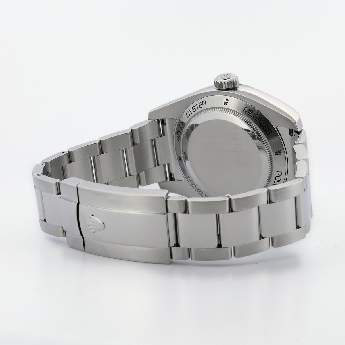 Rolex Milgauss 116400GV liegend von hinten, Gehäuseboden und Schließe