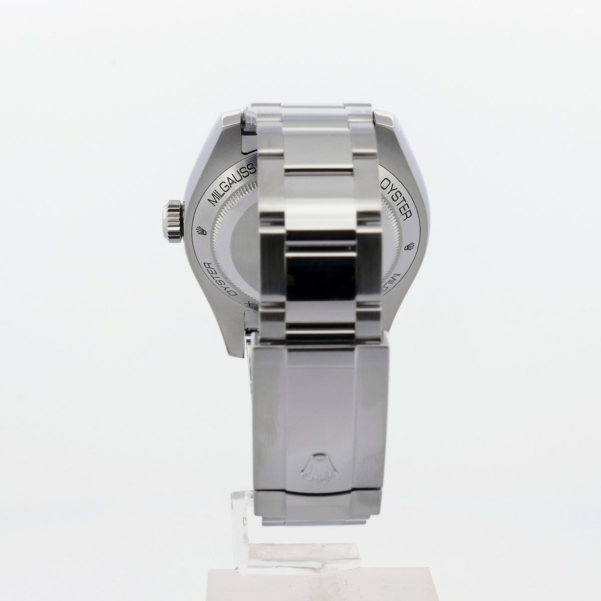 Rolex Milgauss 116400GV Rückseite mit Oysterclasp Schließe und Krone